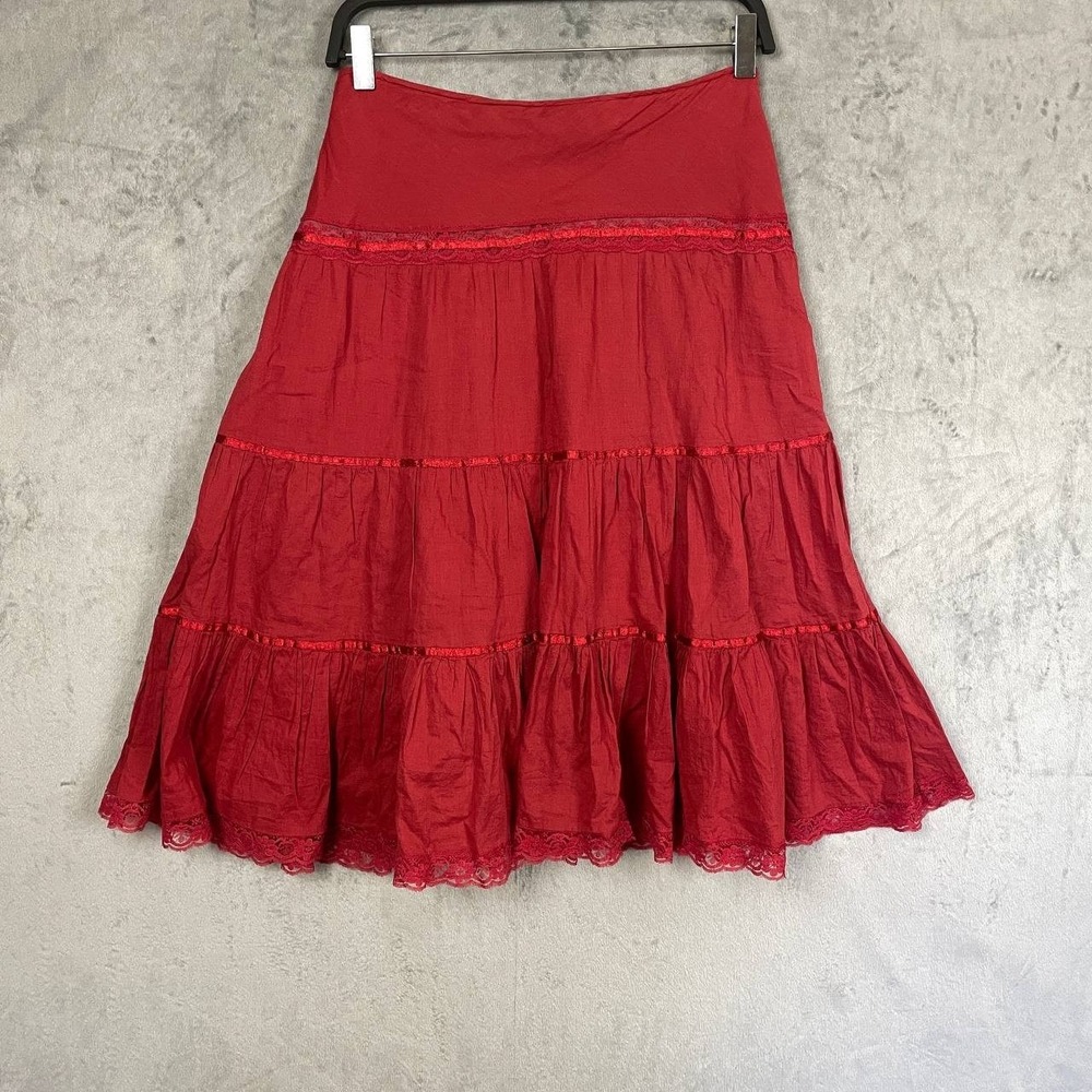 Red Tiered Cotton Midi Skirt Lace Trim Peasant Boho Prairie XL